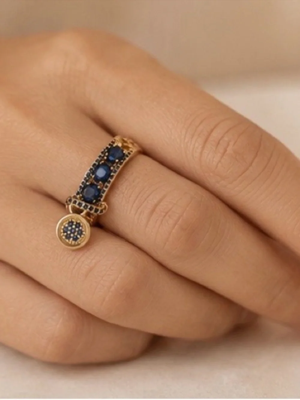 Golden Ring with Sapphire Blue Crystals and Charm
